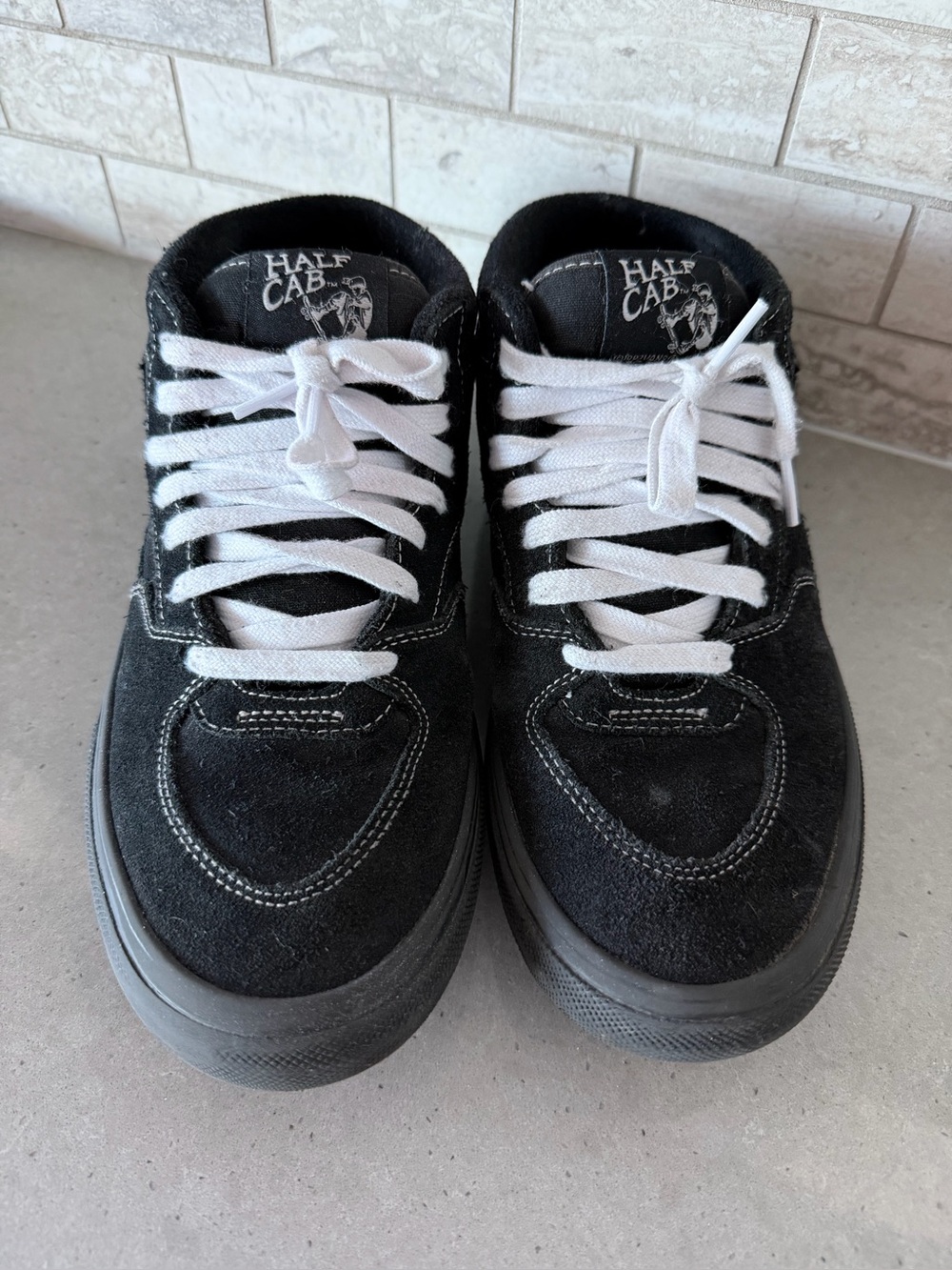 Vans Black Suede Half Cab Skate Shoes with spider web detail and White Laces
